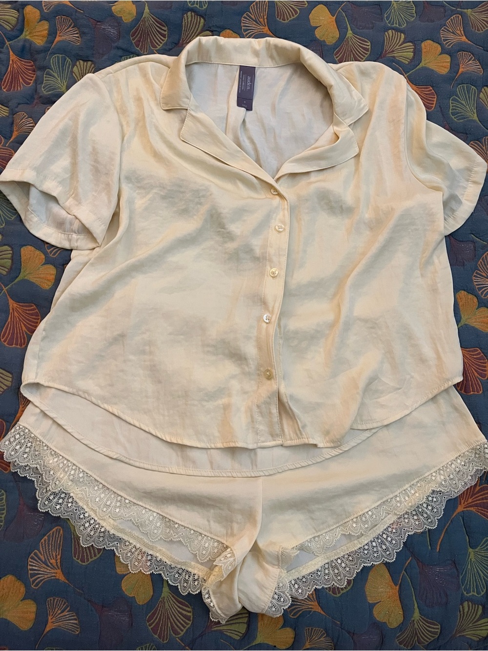 Women's Short-Sleeve Button Pajama Top and Lace-Trim Shorts Set